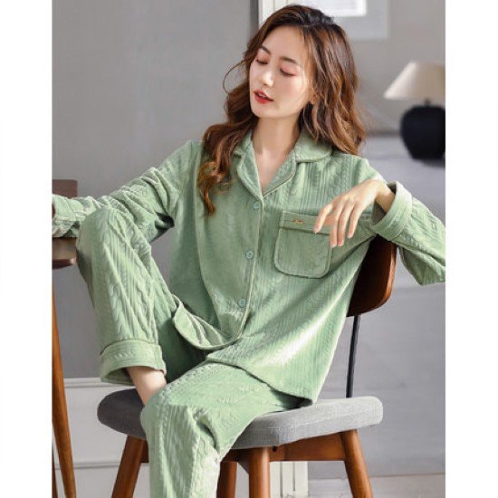 【取寄：納期2週間】ルームウェア レディース パジャマ 2点セット 上下セット グリーン イエロー ピンク 長袖長ズボン 前開き フロントボタン シンプル リラックス 胸ポケット ウエストゴム