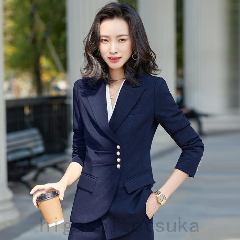 スーツ レディース パンツスーツ 事務服 不規則 ボタン 無地 ビジネススーツ 通勤 長袖 面接 リ