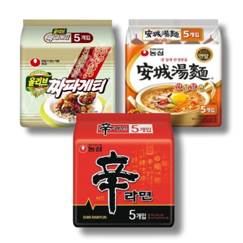 [韓国日常ラーメン] 辛ラーメン5個+チャパゲティ5個+安城湯麺5個 人気ラーメン少量セット構成