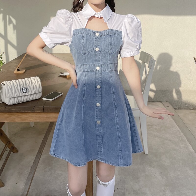 ワンピース 半袖 春夏 カジュアル aライン シャツワンピース aライン Aライン デニムワンピース 膝丈 ひざ丈 ミモレ ぽわん袖 ボリューム袖 ボリュームスリーブ 袖コンシャス 襟付き Aライン