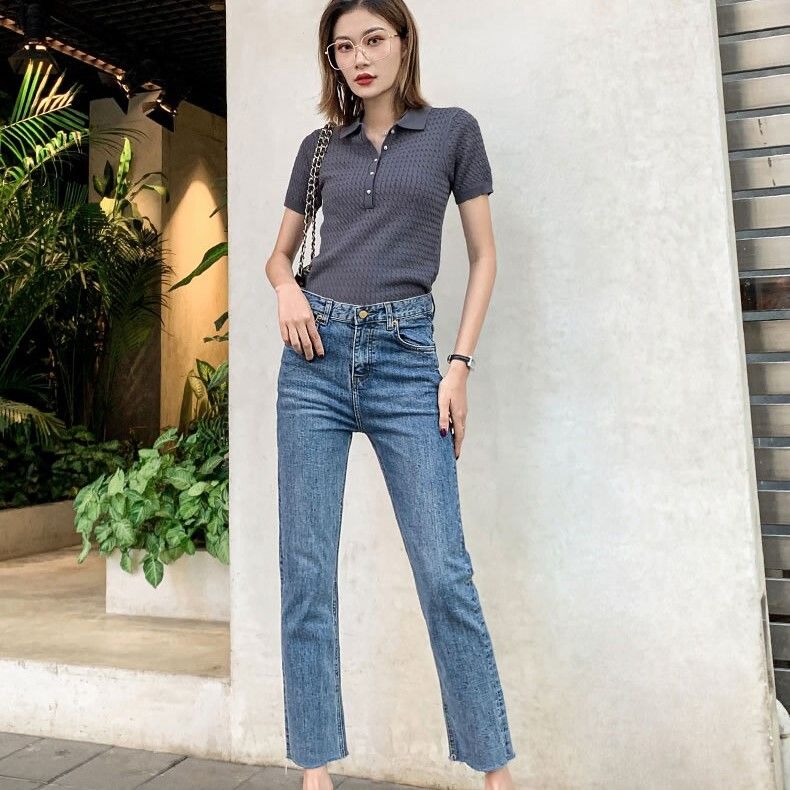 ズボン パンツ ボトムス デニム レディース Gパン アンクル丈 8分丈 9分丈 スリム ストレート ファスナー ポケット ハイウエスト 切りっぱなし ブラック ブルー かわいい シンプル カジュアル