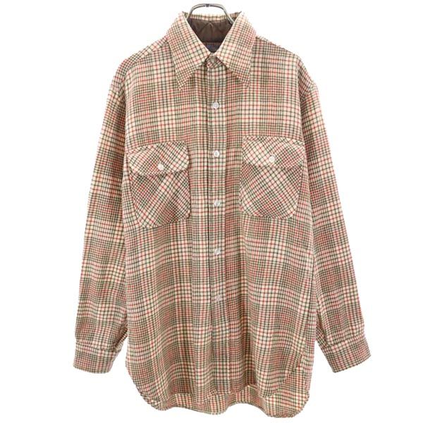 70s ウール ヴィンテージ USA製 チェック柄 長袖 シャツ M 茶×赤×ベージュ メンズ