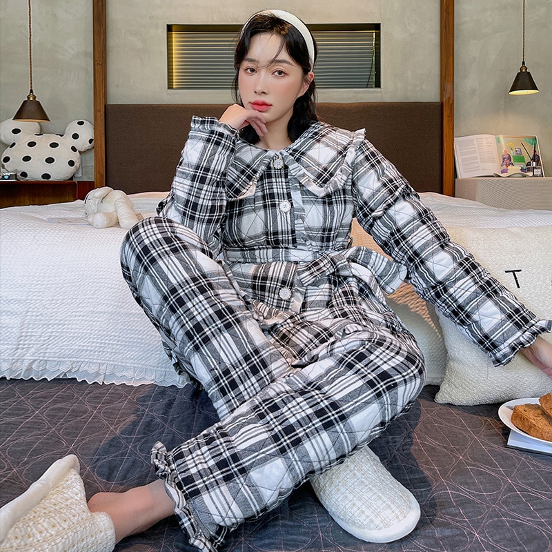 暖かい 厚手 パジャマ もこもこ 冬 レディース 上下セット ナイトウェア ルームウェア 長袖 大きいサイズ人形襟パジャマ女性秋冬純綿格子三層綿家居服セット