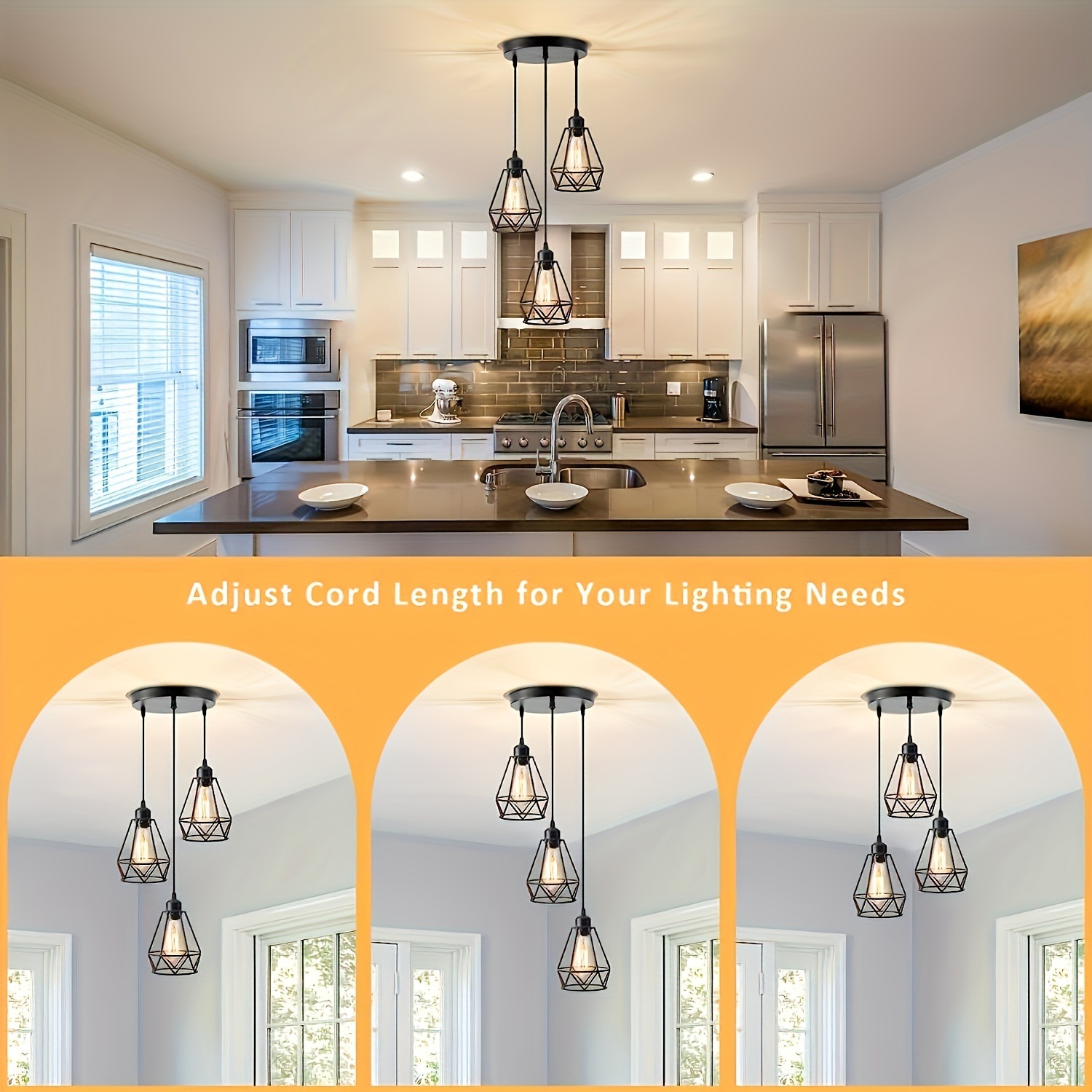 1個 ヴィンテージ工業風3ヘッドアイアンケージペンダントライト調節可能なコード付き - ダイニングリビングルームカフェモール＆ホテル用メタルシャンデリア - アメリカンスタイル簡単取り付け