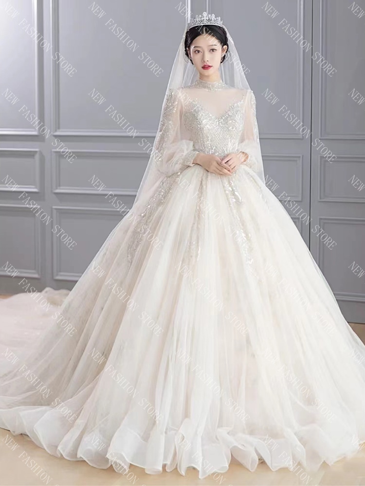 フランス式ウェディングドレス新型長袖ドレスワンピース-40