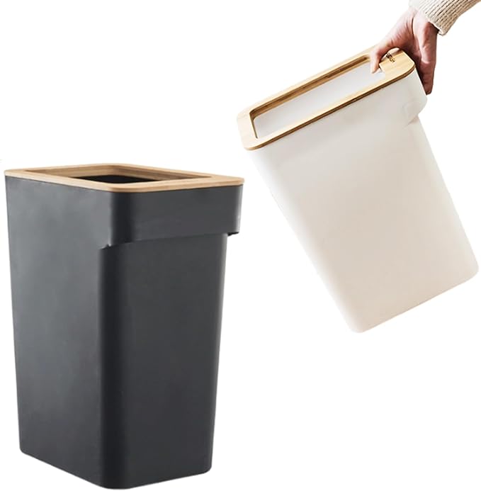 merrytime ゴミ箱 7L 持ち手つき ごみ箱 オシャレ カワイイ スリム 角型 ナチュラル 風合い 木製 インテリア スタイリッシュ ゴミ袋見えない ブラック