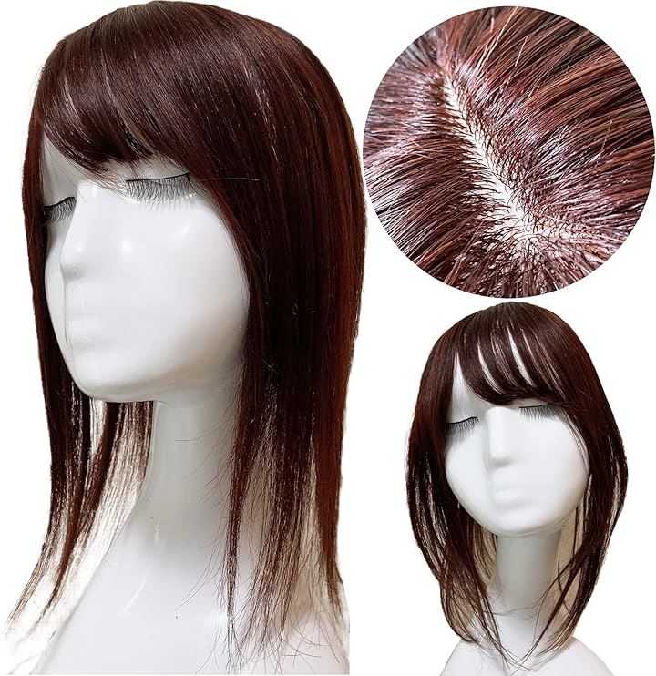 部分ウィッグ ヘアピース 女性 レディース 人毛100% かつら セミロング 35cm トップピース ストレート つむじ 頭頂部 必需品3点セット( ダークブラウン, Free)