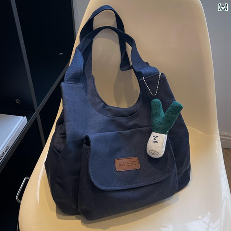 ショルダーバッグ レディース おしゃれ 鞄 キャンバス 大容量 ファッション レトロ ファスナー ロゴ ポケット ブルー
