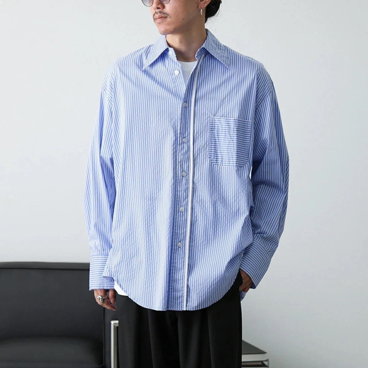 EKAT エカット シャツ STRIPE 3D PATTERN SHIRTS ESH2409255 メンズ 長袖 ストライプ オーバーサイズ タック レギュラーカラー BLUE