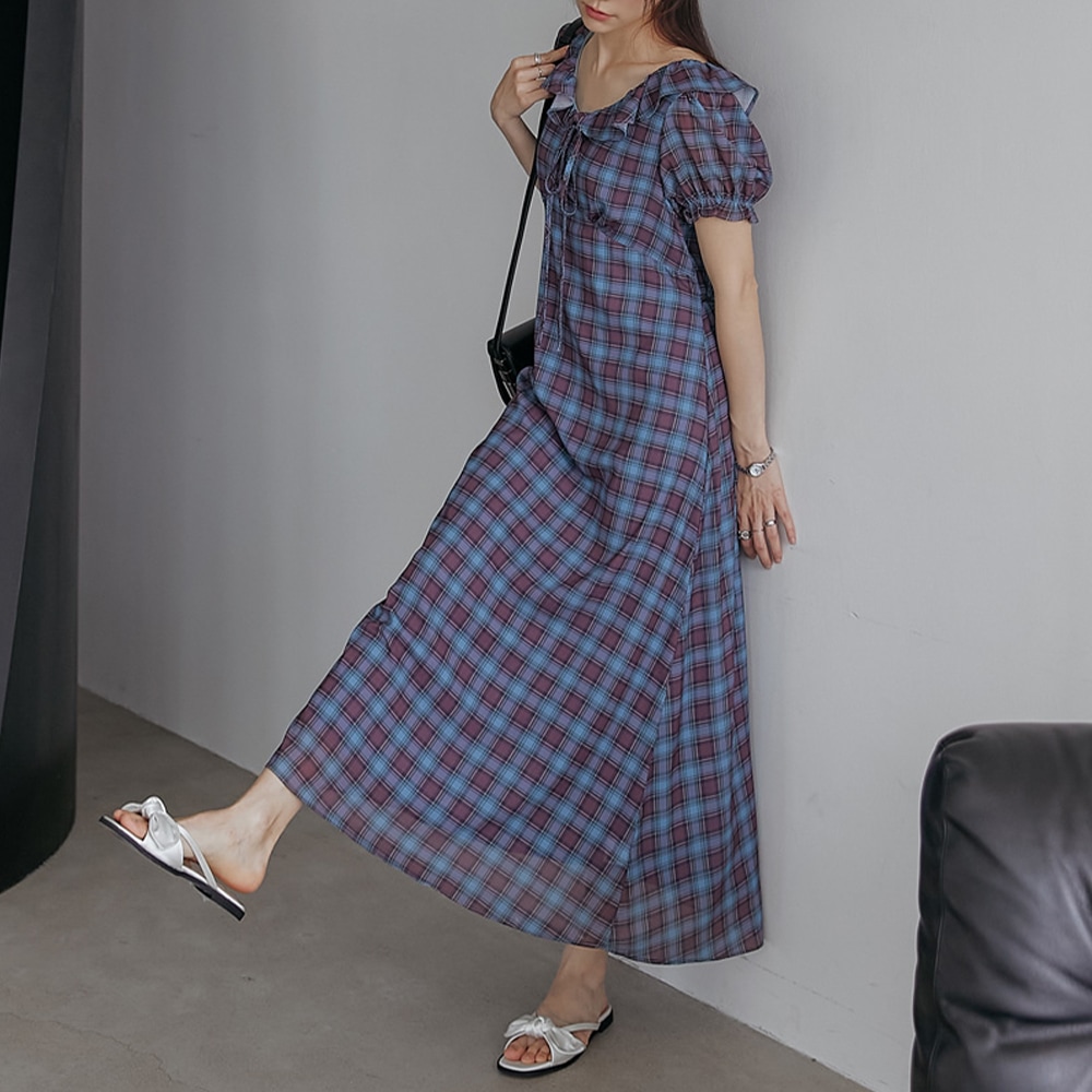 ブレンチェックフリルストラップロング1/2ワンピース