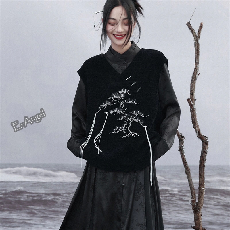 【快速出荷】チャイナ風トップス 松柏柄 刺繍 ベスト レディース vネック フリンジ ゆったり 黒 シェニール アウター シャツ/ワンピ/セーターコーデ 合わせやすい チョッキ チャイナ服