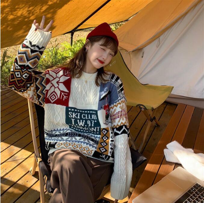 韓国ファッション 秋と冬 新しい 怠惰なレトロ 通勤 ゆったり カジュアル カップルのセーター ラウンドネックプルオーバーニットセーター クリスマスセーター PQ45