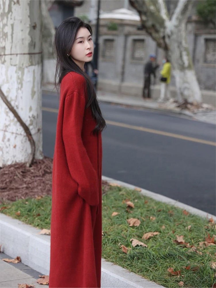 ロングジャンパー内赤ニットワンピースレディース秋と冬のウサギの年の人生の服