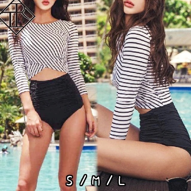 【即納】水着 レディース 水着 体型カバー ビキニ ビキニ 人気 ハイウエスト レトロ お洒落 袖つき 長袖 紫外線対策 UVカット シンプル バスト 盛れる おしゃれ セクシー かわいい パッド付き