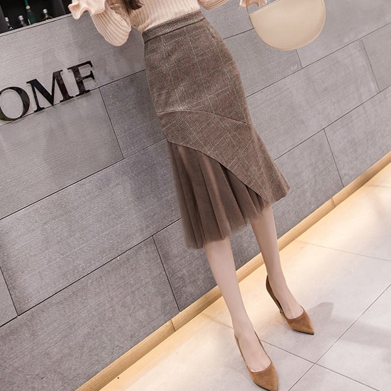 人气新作 プリーツスカート チェック柄半身スカートミディアム丈 韓国ファッション 新作 百掛け OL 20代 30代 着痩せ タイトスカート パッケージヒップフィッシュテールスカート 46aa47