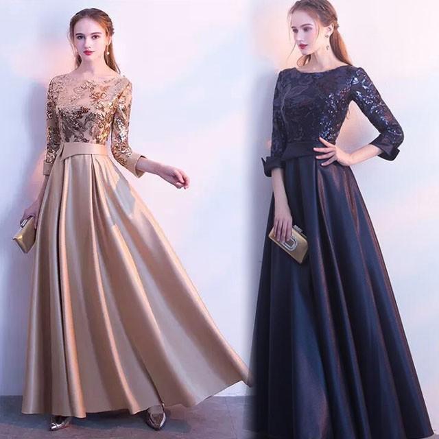 【即納】ロング丈 イブニングドレス 20代 30代 40代 ロングドレス パーティー 二次会 スパンコール Aライン 大人 パーティードレス 二次会ドレス