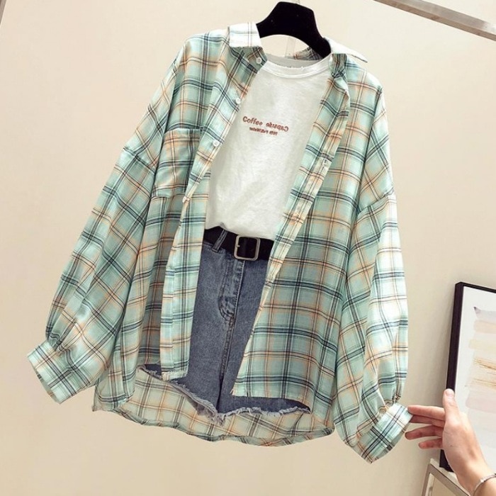 【1つ買うと10つ無料】女性向けのサンーフ格子縞のシャツ2025春のスタイルファッショナブルでファッショナブルなコート