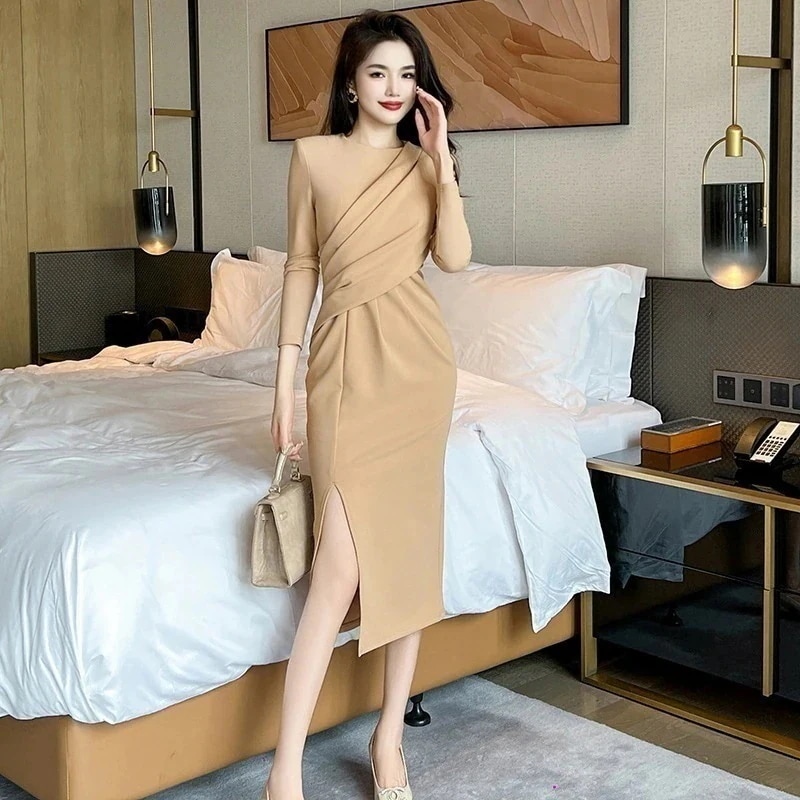 【JY.上品】 春冬 ロングワンピース シワデザイン 通勤 パーティードレス キャバ 着痩せ 大人 同窓会 披露宴 卒業式 結婚式 演奏会 ウェディング 二次会 発表会 4,986円