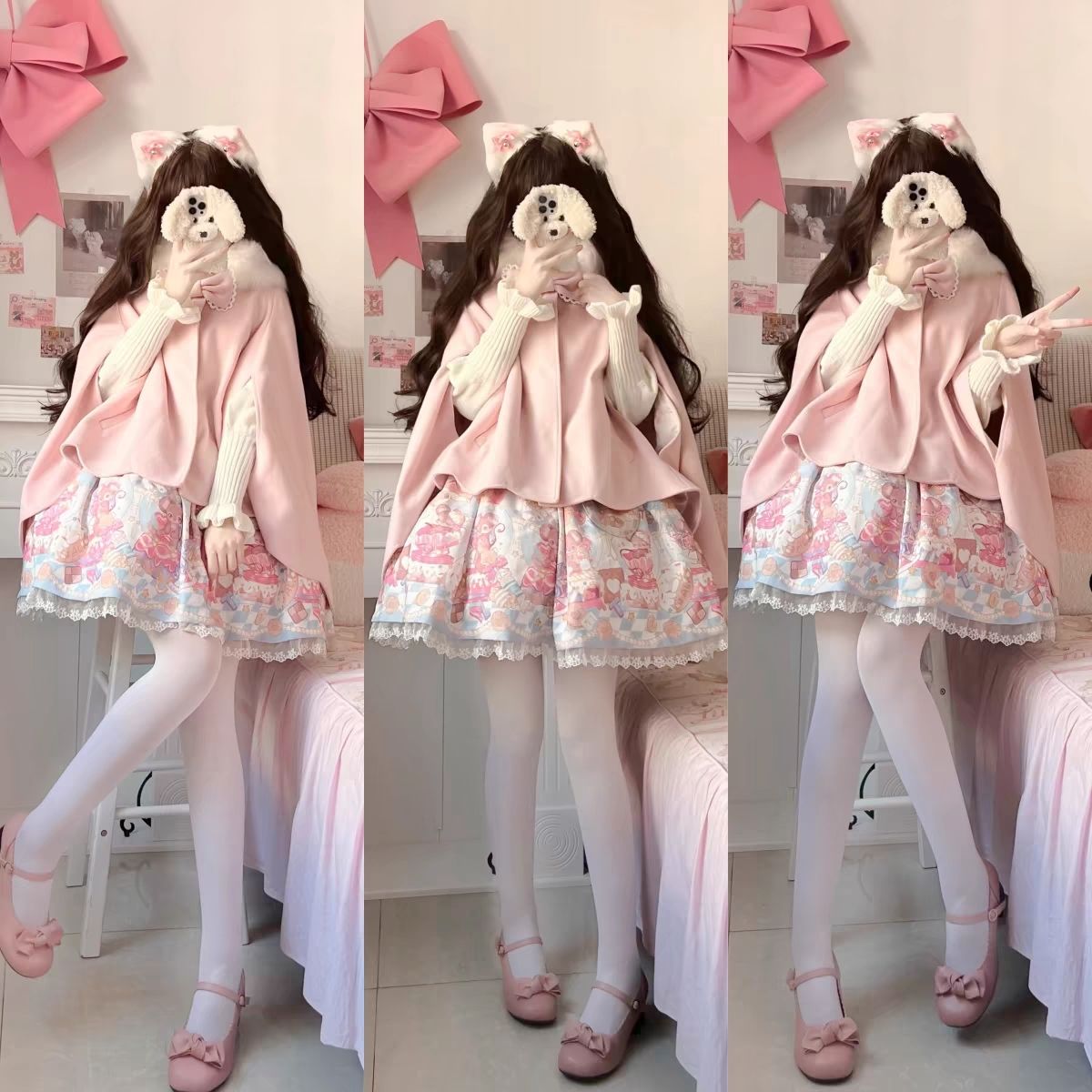 ロリータシックなプリンセスレディの柔らかくてかわいいウサギの耳取り外し可能なファーカラー前が短く後ろが長い花びら型のウールケープ