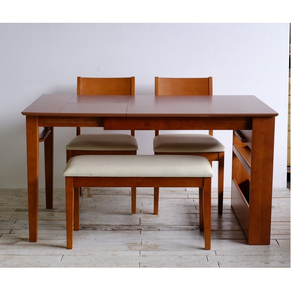 伸長式ダイニング4点セット（テーブルx1チェアー2ベンチx1）ブラウン BR 組立式