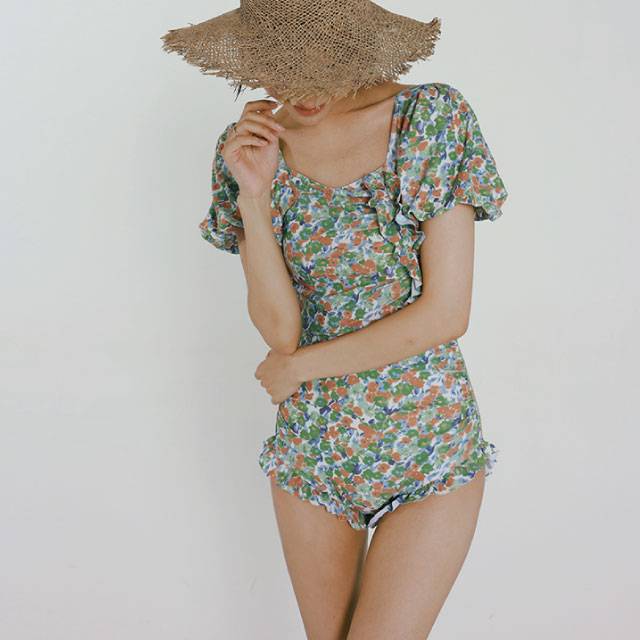 小花柄 半袖 ワンピース水着 フリル パフスリーブ 上品 ママ 大人 ショートパンツ フラワー 5,502円