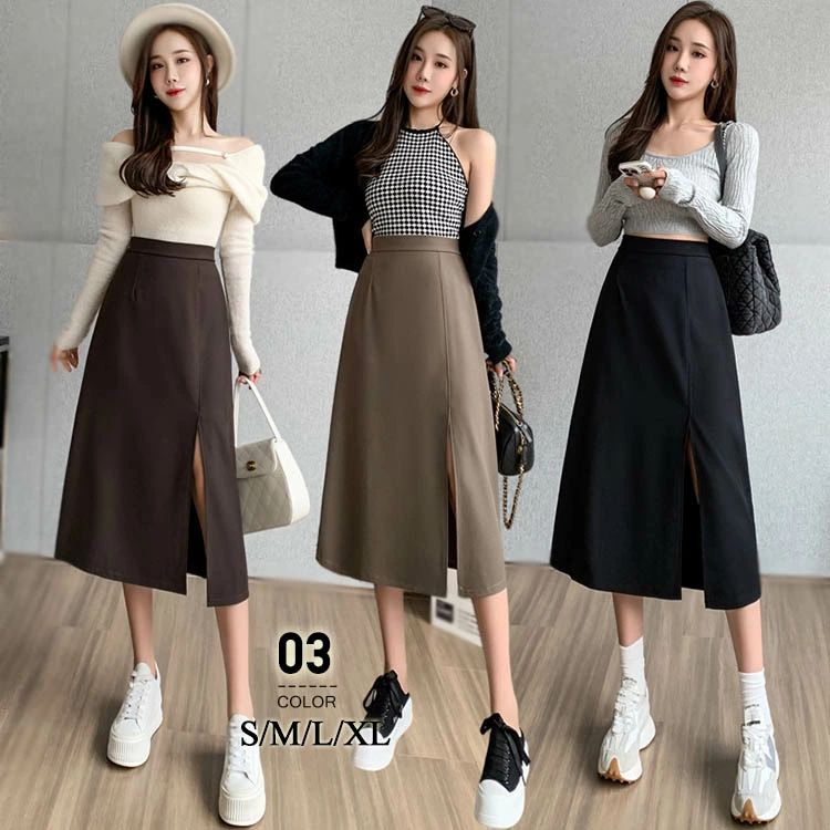 【送料無料】かわいい ひざ丈 aライン 無地 マキシ丈 ロング スリット 膝丈 ミモレ丈 春秋 レディース フレアスカート スカート