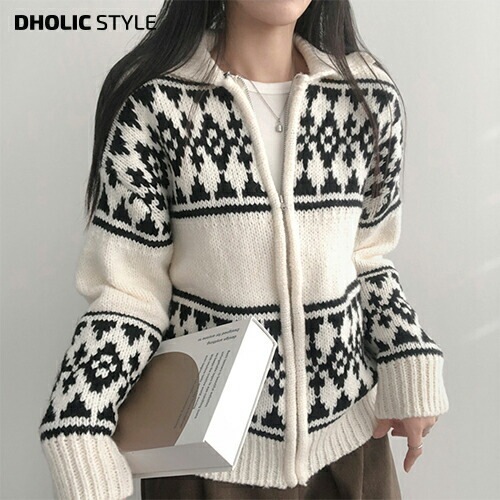 [メガ割りSALE]パターンカラールーズジップニットカーディガン・p624890