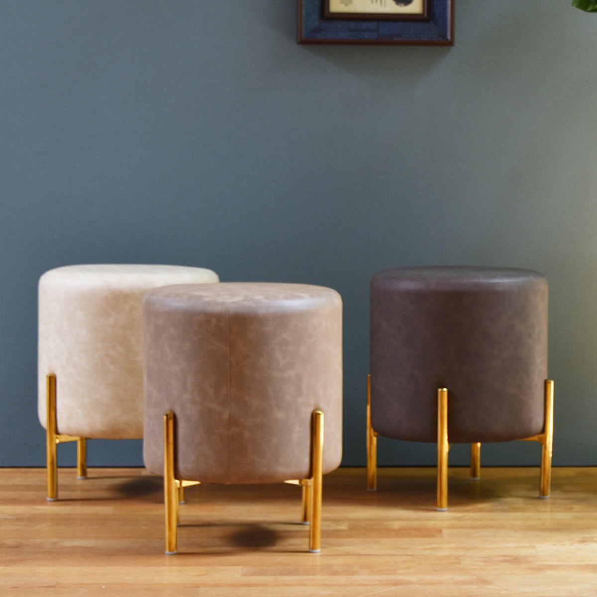 スツール 座面高42cm 丸 レザー調 円柱型 ラウンド チェア 椅子 いす イス オットマン ドレッサーチェア 丸イス PUレザー 合皮 ゴールド アンティーク調 おしゃれ