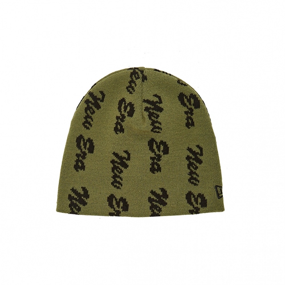 NEWERA スクリプトジャカードオールオーバーベーシックビーニーオリーブ/ 13946845