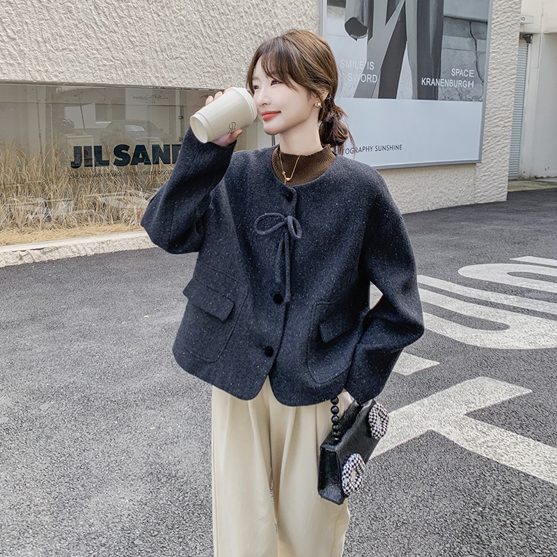 ダークグレーツイードジャケット女性冬スーパー格好良い短い段落外国風弓ツイードトップス 5,795円