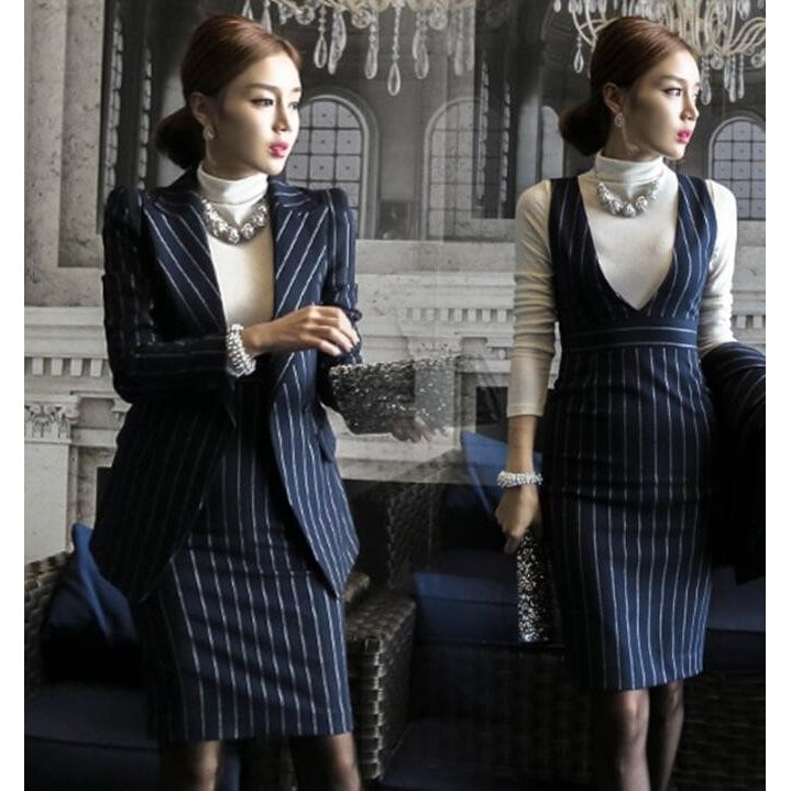 オフィスフォーマルスーツ レディース　事務服　細身シルエット　ビジネス　ストライプ柄　長袖ジャケット