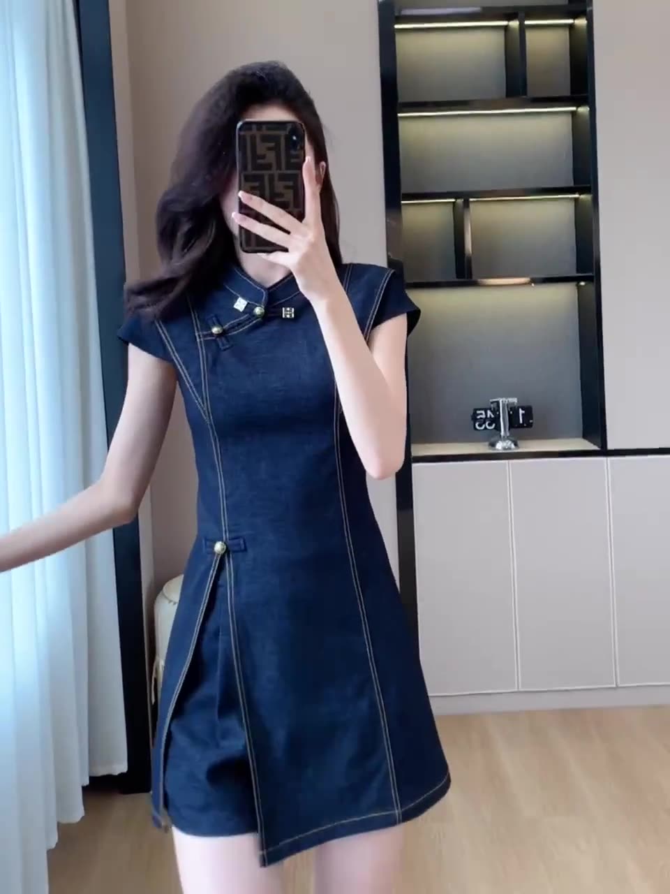 新中国風セット 夏 レトロ ブルー ワンピース 気質 ショートパンツ 2点セット レディース 上着 半袖