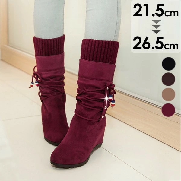 ロングブーツ ブーツ レディース くしゅくしゅ ミドル丈 インヒール 美脚 カジュアル 厚底 シューズ 大きいサイズ 靴 秋 冬 春 レッド 赤 ブラック 黒 ベージュ ブラウン 20代 30代 40