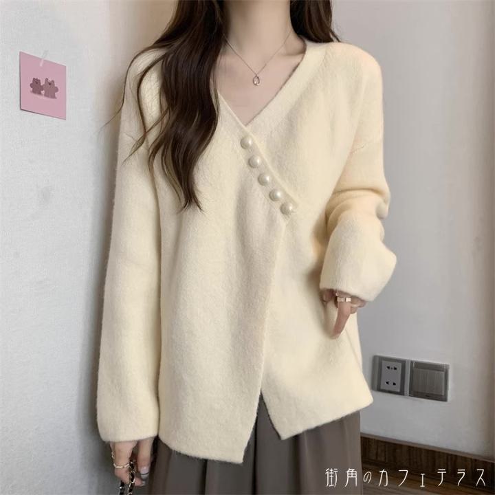 レディース トップス ニット Vネック アシンメトリー 体型カバー こなれ感 シンプル カジュアル 大人かわいい 長袖 ベージュ 20代 30代 40代 通勤 通学 オフィス お出掛け 女子会 お呼ば
