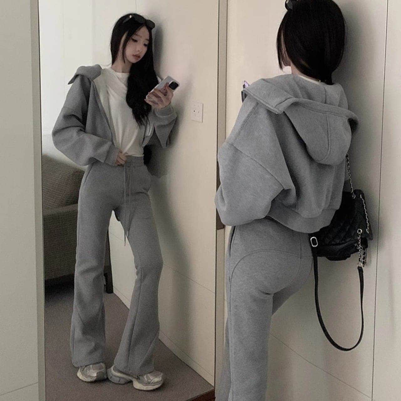 スウェット セットアップ レディース パーカー フレアパンツ 韓国 ファッション ショート丈 ハイネック パーカー モックネック ハイネック フード 上下セット 5,414円