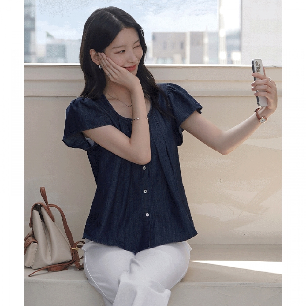 クリックアンファニー デニムブラウス ハットティンピンタック