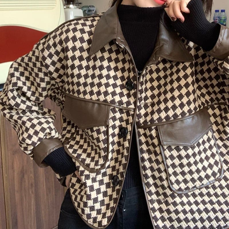 2color レディース アウター ジャケット ダイヤ柄 長袖 ブラウン ブラック 243