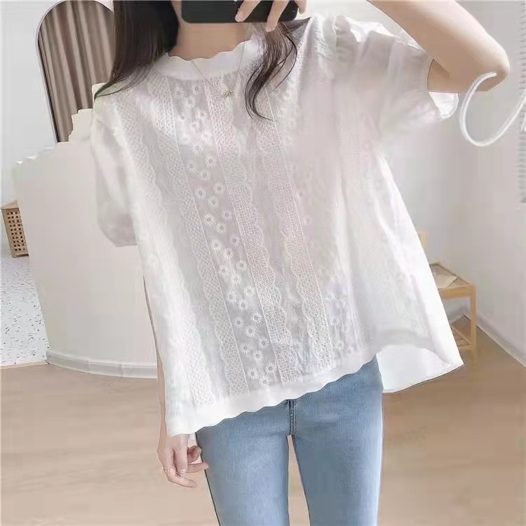 シンプル夏トップス ルーズシルエットトップス 半袖カジュアルトップス 刺繍Tシャツ トップス Tシャツ シャツ プルオーバー 白シャツ 白トップス 袖あり 半袖 5分袖 五分袖 Uネック