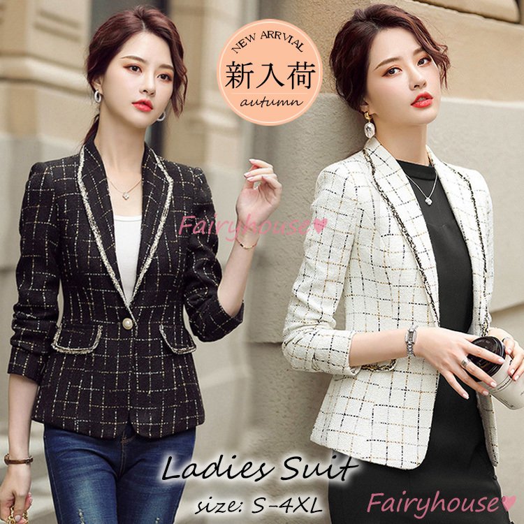 テーラードジャケット レディース 40代 七分袖スーツジャケット チェック柄 ブレザーコート 春コー