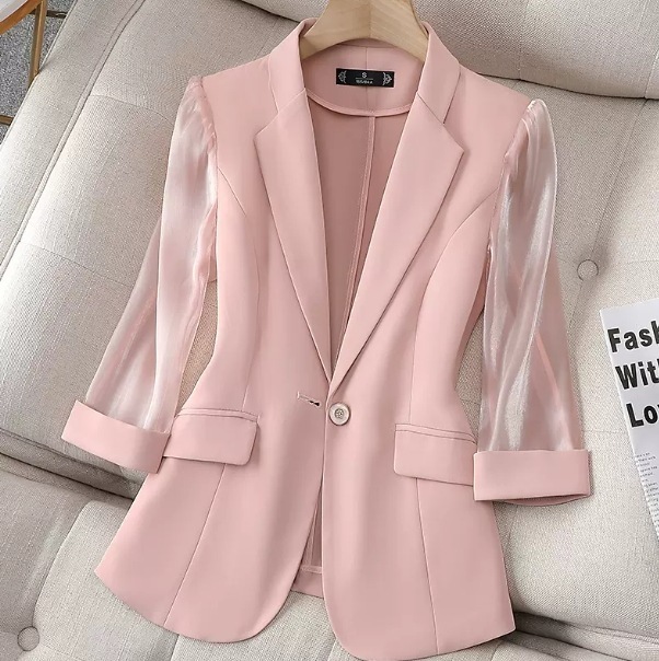 アウター ジャケット 七分袖 襟付き ノッチドラペル デザイン ボタン 美ライン ニュアンス チュール レイヤード 透け感 ストレッチ カラバリ かわいい 大人可愛い きれいめ シンプル カジュアル