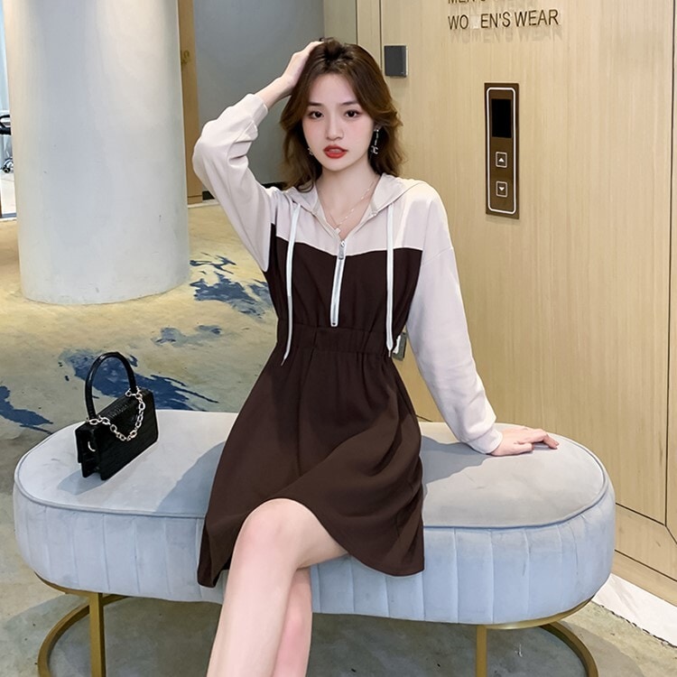 ワンピース ワンピドレス トップス フード付き ハイウエスト ショート丈 ショートスカート ショート Aライン 春 無地 ステッチ 長袖 ジッパー フェイクツーピース ブラウン 茶色 ブラック 黒 S