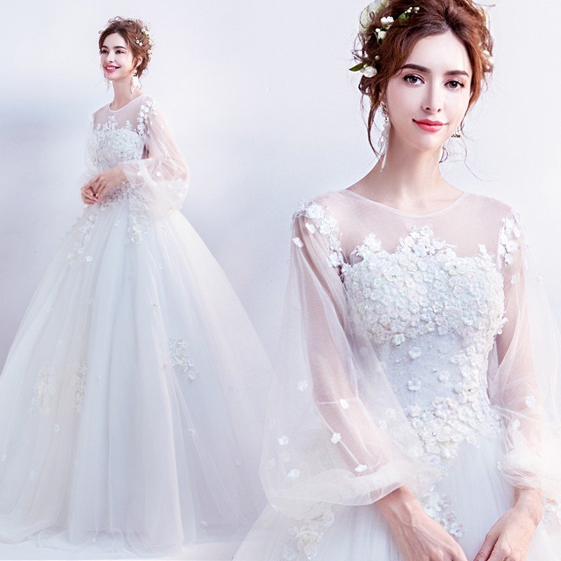 ウエディングドレス 安い 袖あり エンパイア ウェディングドレス 結婚式 二次会 プリンセス 花嫁 ドレス ロングドレス ブライダル 白 ふわふわスカート