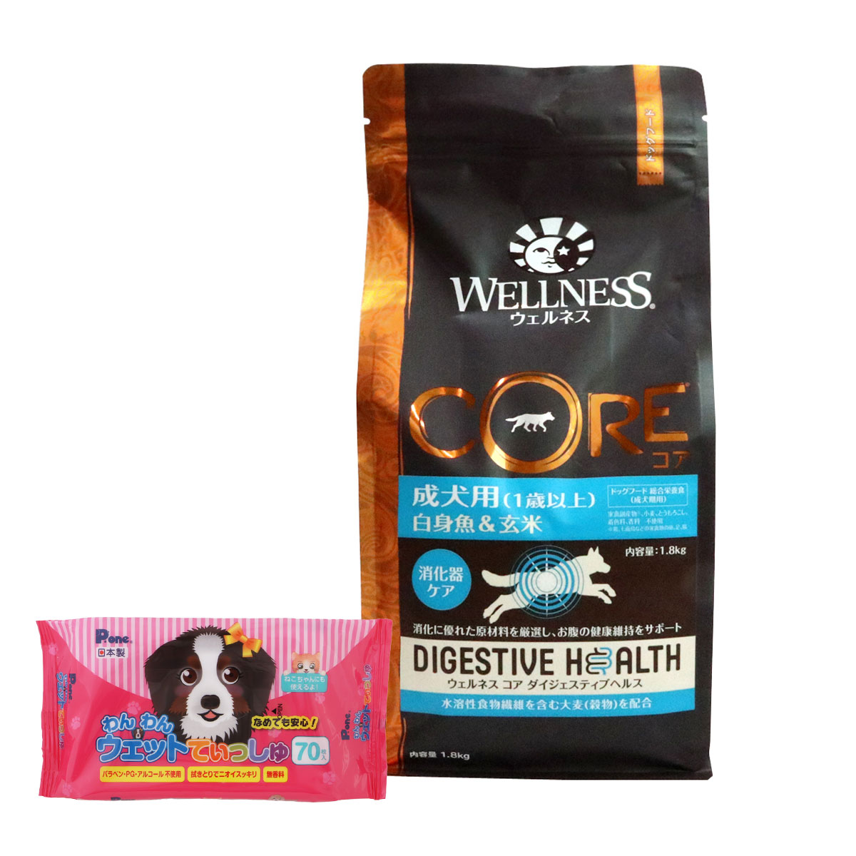 コア ダイジェスティブヘルス 成犬用 (１歳以上)白身魚＆玄米 1.8kg【わんわんウエットてぃっしゅ1個付き】