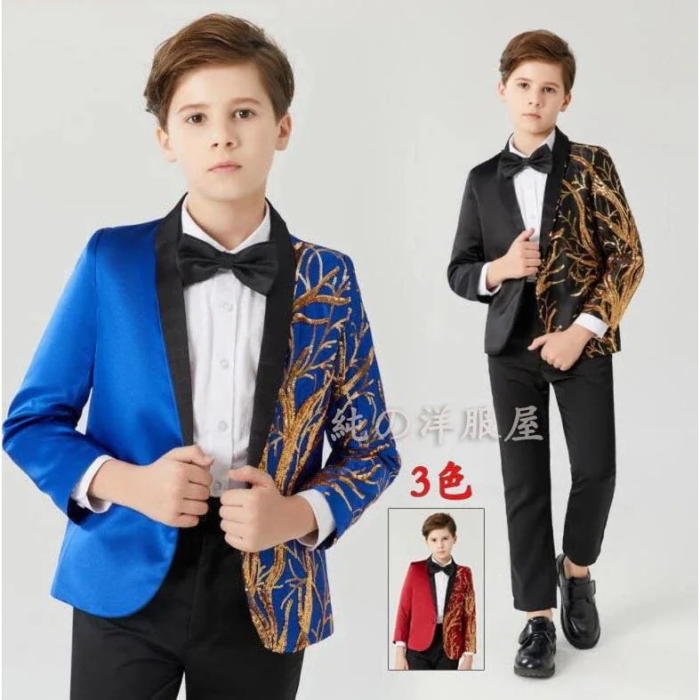 【急速出荷!】子供服 ステージ衣装 スパンコール スーツ ジャケット 長袖 男の子 キッズ カラースーツ 金色 きらきら 柄入り おしゃれ 個性 発表会 演奏会 王子様 舞台衣装 ダ30%までに制限