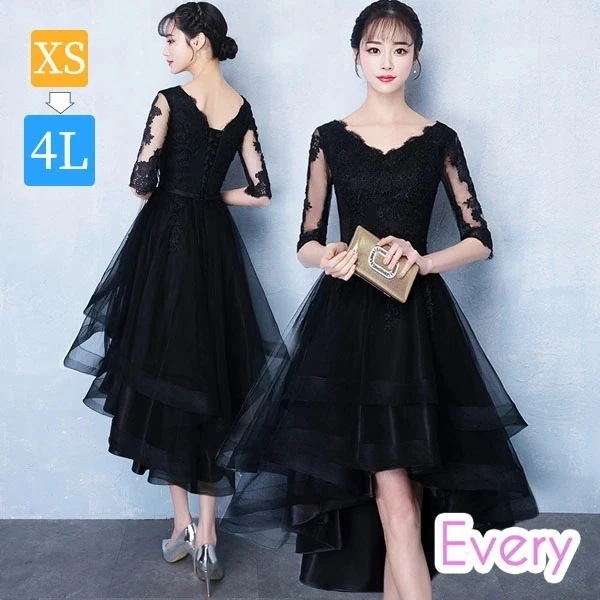 ドレス 大人 ピアノ 発表会 イブニングドレス パーティードレス フィッシュテール ロングドレス 母親 結婚式 ロングドレス 演奏会 韓国 ミモレ丈 膝丈 黒 編み上げ ブラックドレス アシンメトリ