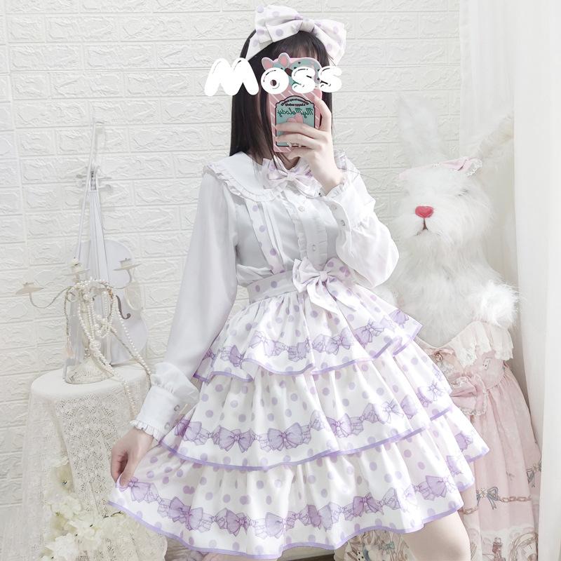 ロリータ/吊りスカート/ミニ/甘ロリ/春夏/レディース/3層フリル/紫/レース/ミニスカート/ブルー/姫ロリ/多層/可愛い/ロリィタ/Lolita/清純/おしゃれ/ドット