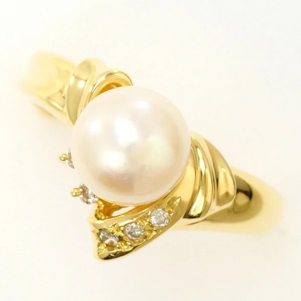 K18 18金 YG リング 11号 パール(真珠) 約7mm ダイヤ 0.06 中古