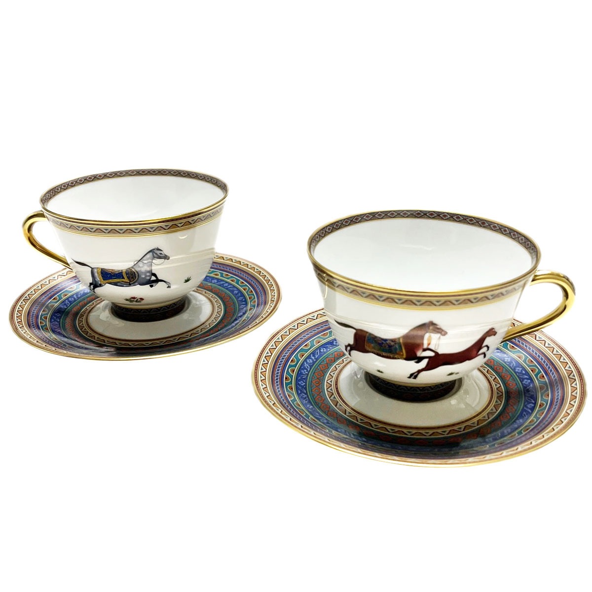 食器 ペア 009886P CHEVAL DORIENT TASSE A THE ET SOUCOUPE 2客セット 馬柄＋マルチカラー