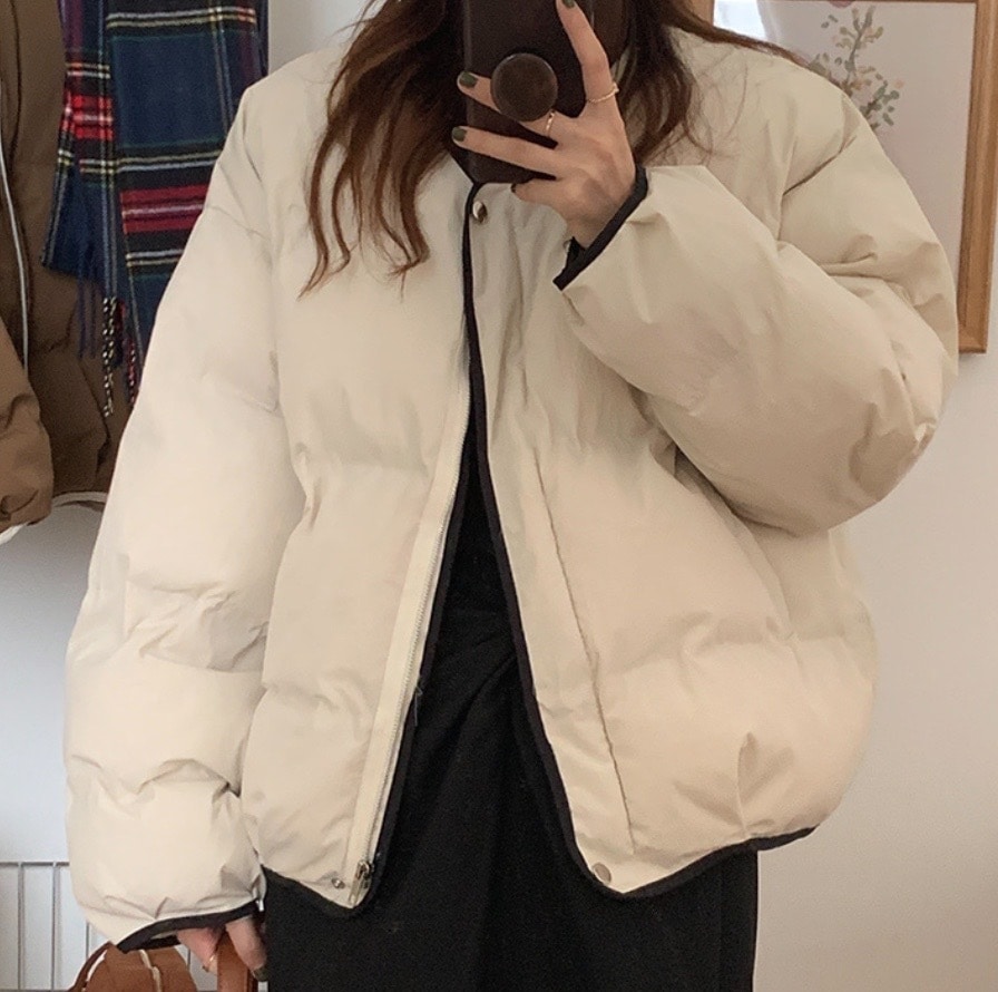 綿パッド 中綿 ショート丈 ジャケット ノーカラー ホワイト 白 ブラック 黒 カーキ アウター