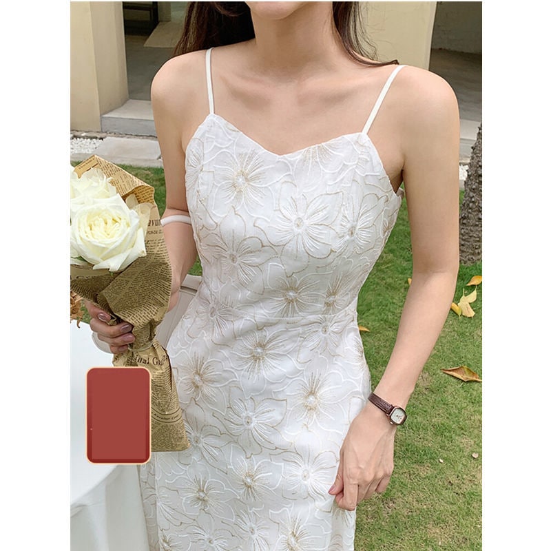 ウルトラホワイトサスペンダーロングスカートロングファーストラブスウィートドレスデザインセンス夏外 母の日-0009318
